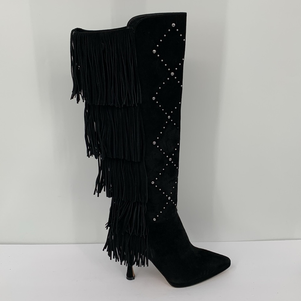 Vince Camuto Panaryaz tall boots fringe stud suede leather heel black new 6